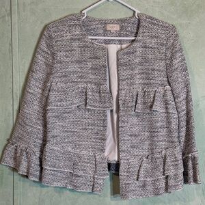 LOFT Black & White Cotton Tweed Open Front Blazer Jacket, Size 12